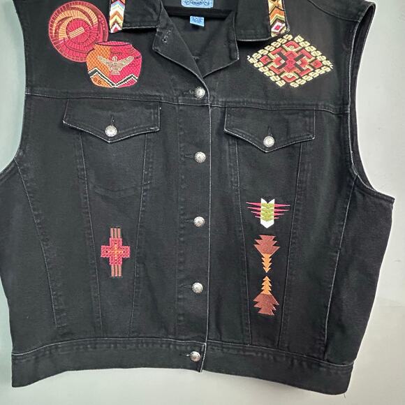 Western Denim Vest Embroidered Aztec Kachina Black XL Cambridge Goods Oversized - Picture 4 of 9